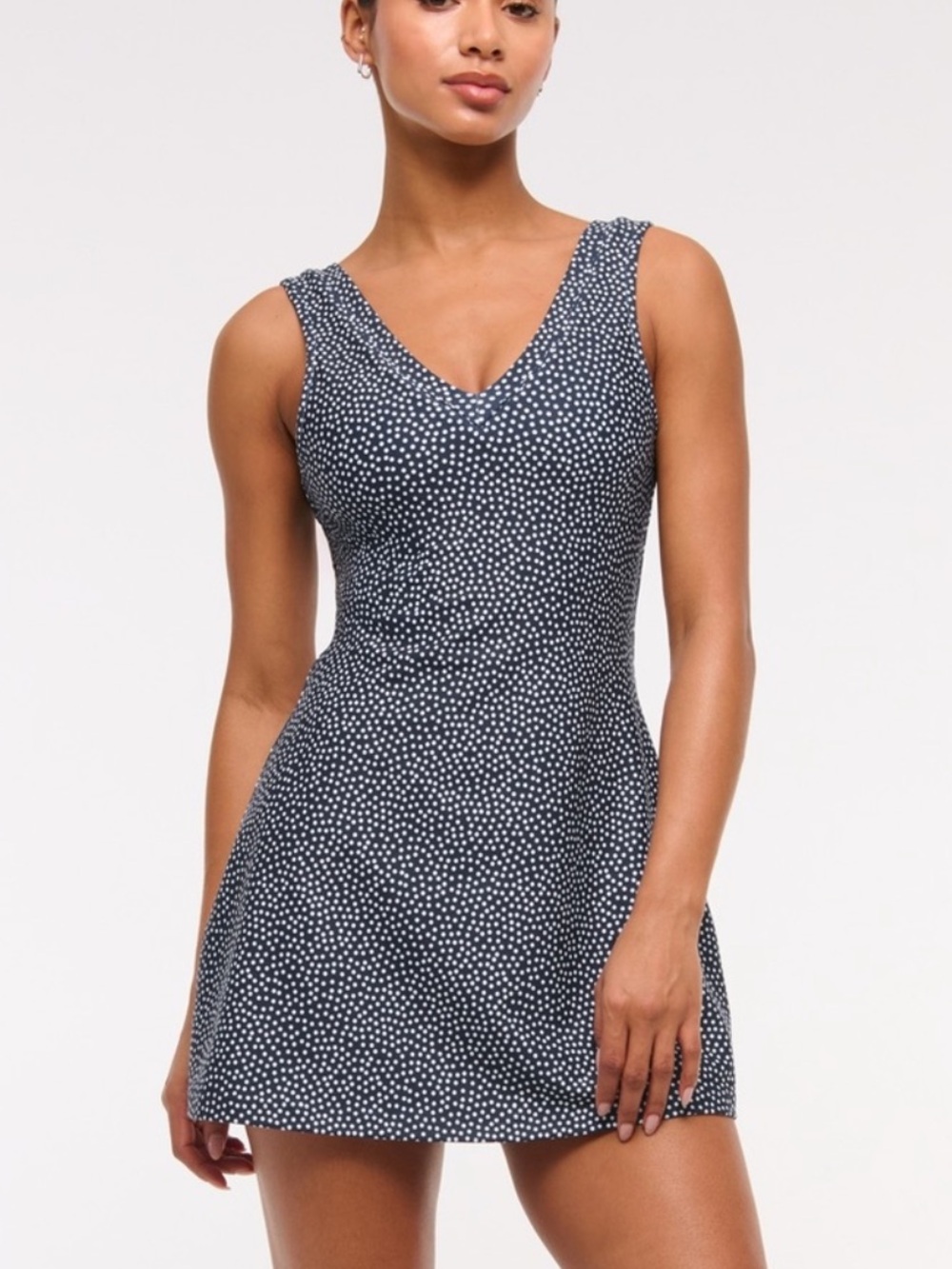NWT Abercrombie & Fitch YPB sculptLUX V-Neck Navy Microdot Fit & Flare Dress